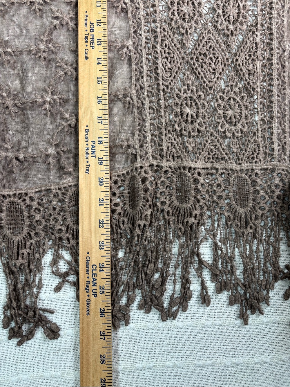 Boho Brown Crochet Lace Fringe Pullover Top Linen Blend Sheer Blouse Approx L/XL - Picture 11 of 13